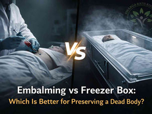 Embalming vs freezer box comparison showing embalming procedure and dead body freezer box used for body preservation before funeral