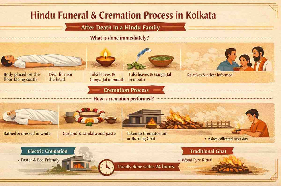 Infographic showing the Hindu funeral and cremation process in Kolkata, including immediate rituals after death, step-by-step cremation procedure, and a comparison between electric crematorium and traditional burning ghat, usually completed within 24 hours.