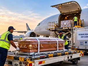 Sealed coffin prepared for dead body air transport in India.