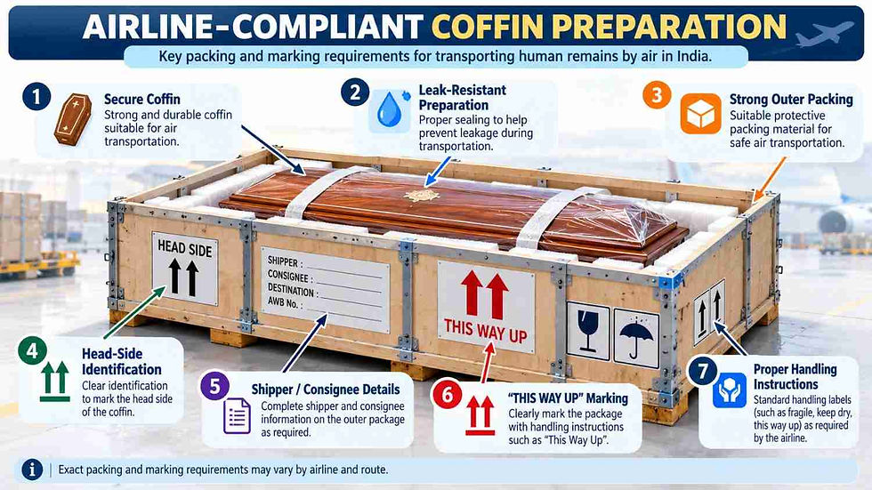 Airline-compliant coffin packing and marking requirements for air transport in India.