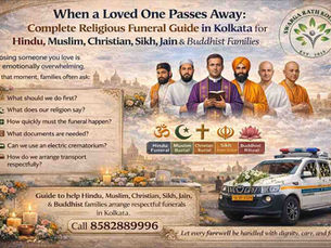 Hero image showing a compassionate religious funeral guide in Kolkata for Hindu, Muslim, Christian, Sikh, Jain, and Buddhist families, featuring Swarga Rath Kolkata hearse van, multi-faith religious representation, and 24/7 funeral support contact number for respectful last rites.