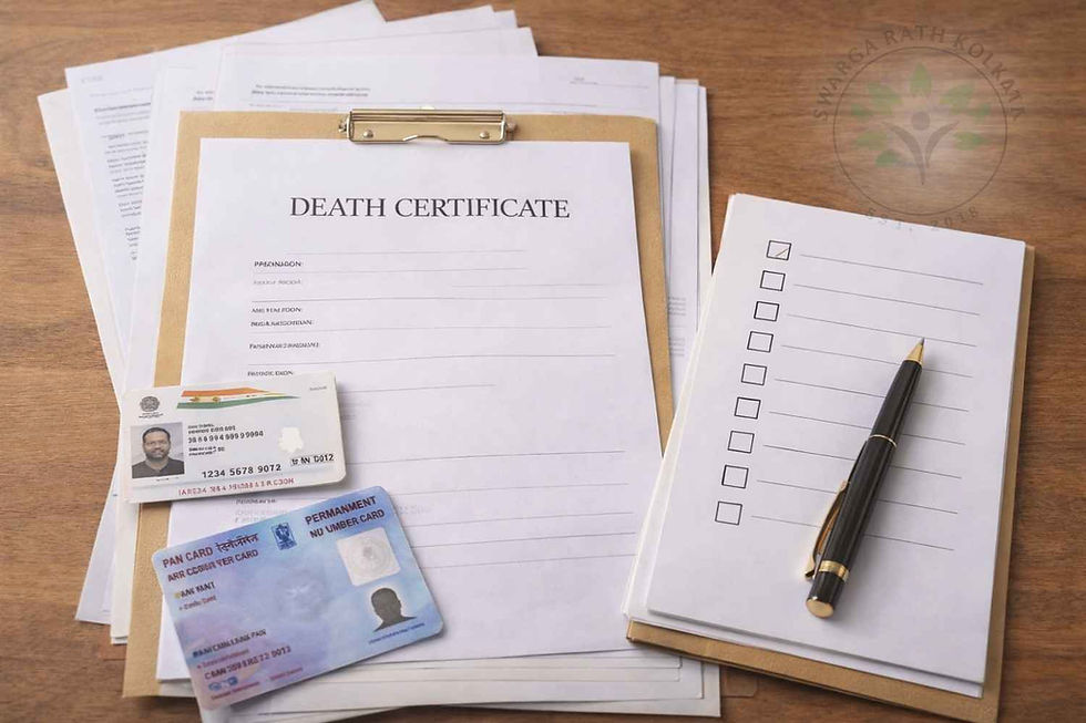 Checklist of important documents including death certificate Aadhaar and PAN card required after death in India.
