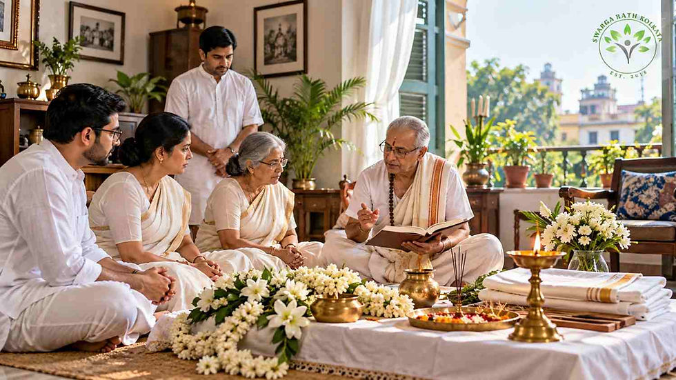 Bengali Hindu family preparing for funeral rites after death in Kolkata.