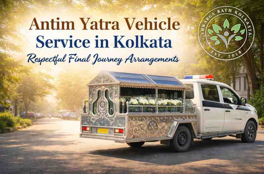 Antim Yatra vehicle service in Kolkata by Swarga Rath Kolkata, showing a decorated hearse van arranged for a dignified final journey on a city road.