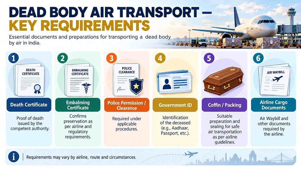 Key requirements for transporting a dead body by air in India.