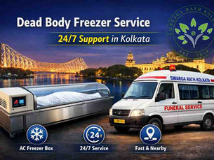 Dead body freezer service near me in Kolkata showing AC dead body freezer box, funeral service vehicle of Swarga Rath Kolkata, and 24/7 emergency support with fast local delivery.