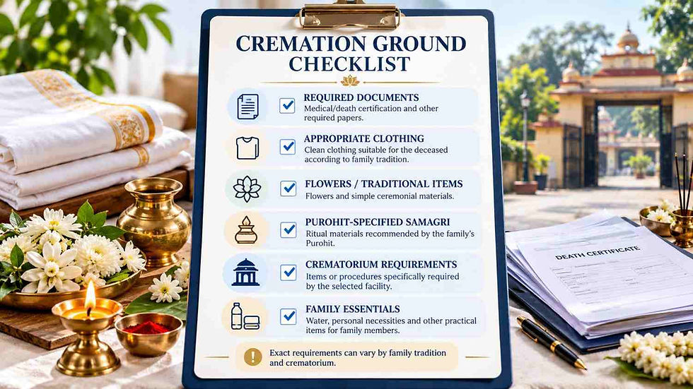 Cremation ground checklist for a Bengali Hindu family in Kolkata.