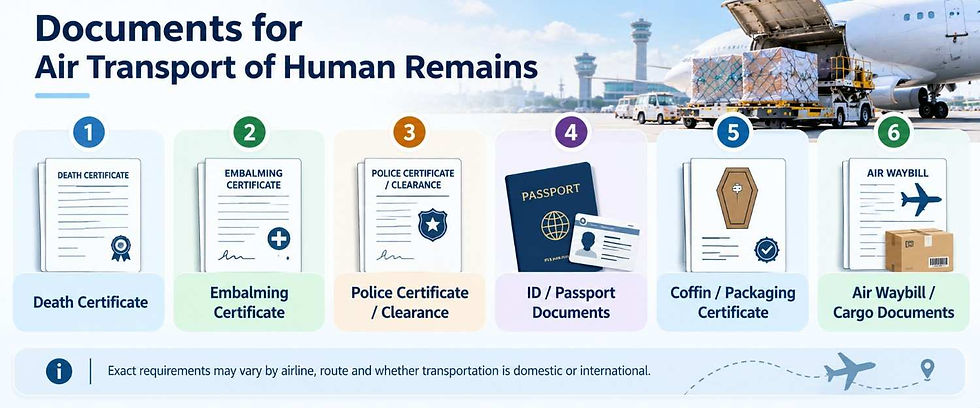 Documents commonly required for transporting human remains by flight in India.
