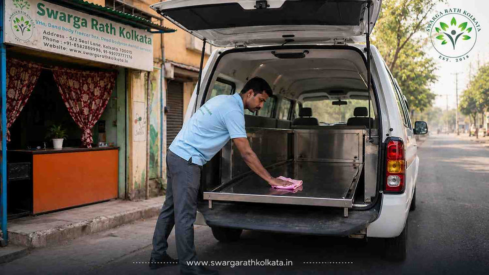 A Hearse driver cleaning and preparing an empty hearse van for funeral service at Swarga Rath Kolkata.