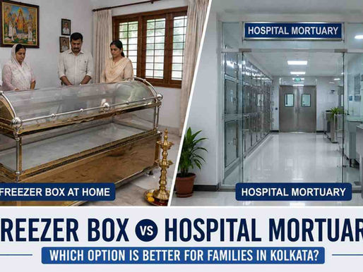 Freezer box vs hospital mortuary comparison showing a home-installed mortuary freezer box and a hospital mortuary facility for body preservation after death in Kolkata.
