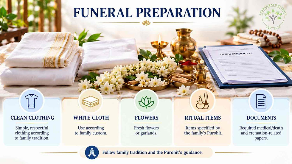 Bengali Hindu funeral preparation with clothing, flowers, ritual items and documents.