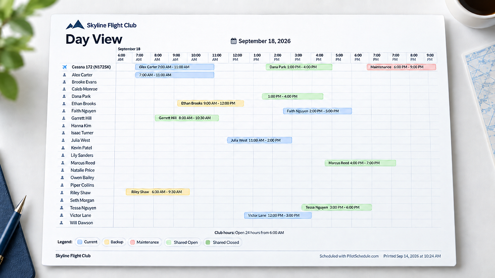 PilotSchedule Day View showing a flight club’s daily aircraft and pilot schedule, including current, backup, maintenance, and shared reservations in a printable PDF format.