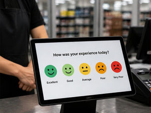 A checkout tablet feedback screen next to a person privately giving feedback on their own phone — observed vs. anonymous customer feedback.