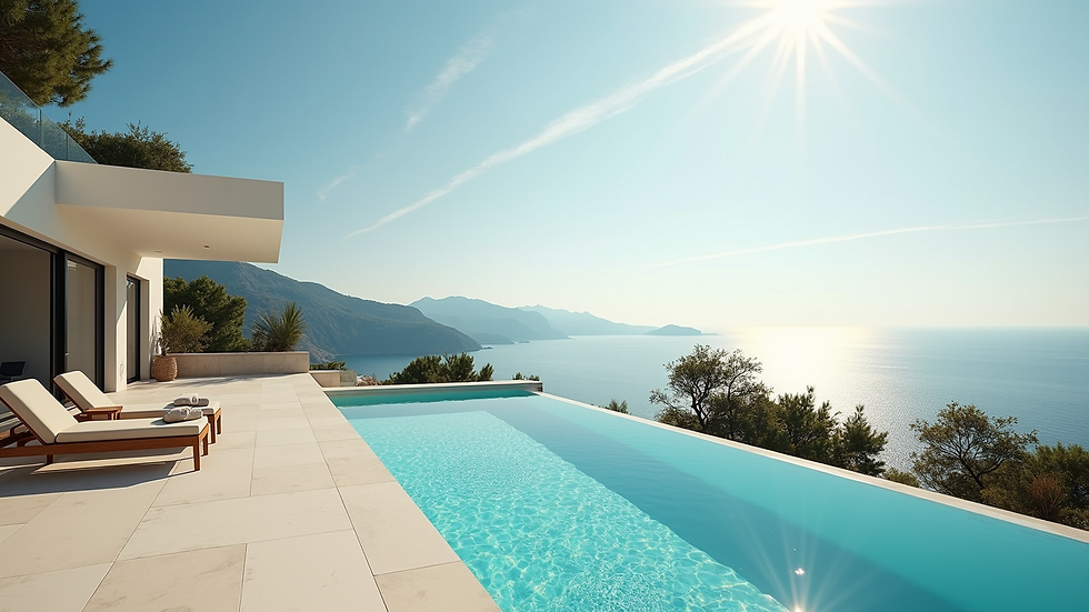 Eye-level view of a luxurious villa terrace overlooking the sea