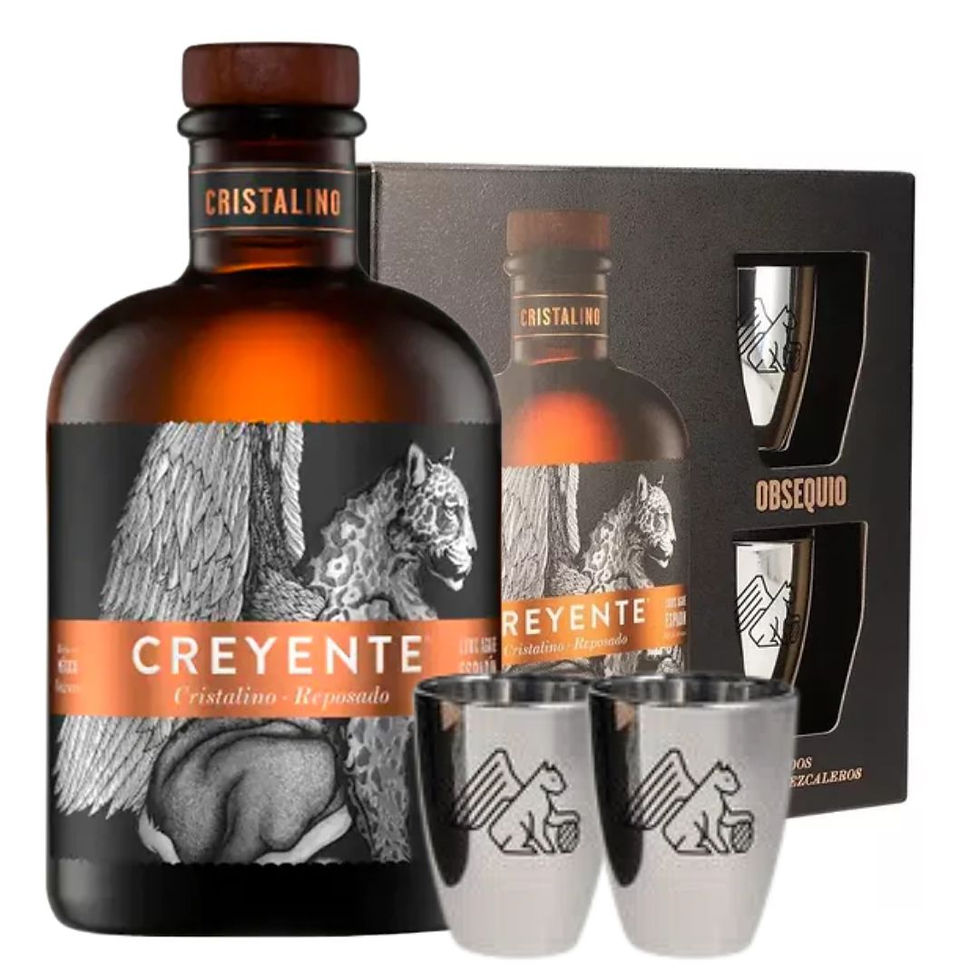 Kit Mezcal Creyente Cristalino Reposado con 2 Vasos Metálicos