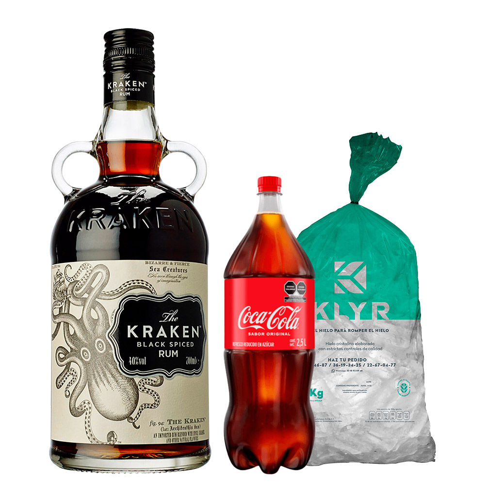 Ron Kraken Black Spiced 750ml + Coca Cola 2.5lt + Hielo 3kg