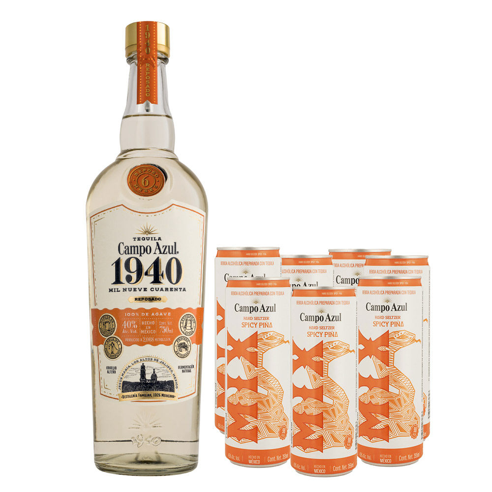 Kit Tequila Campo Azul 1940 Reposado 750ml + 7 Latas Campo Mix Spicy Piña 355ml