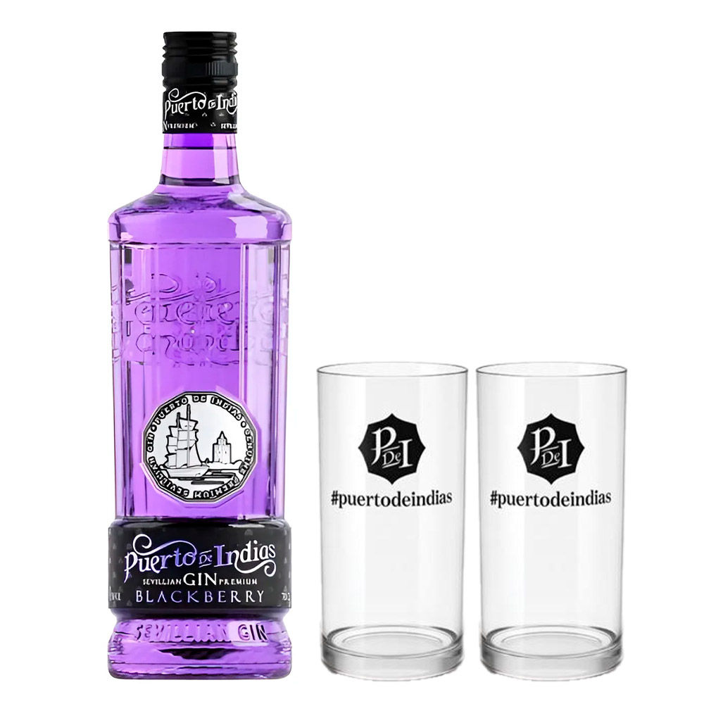Kit Ginebra Puerto De Indias Blackberry 750ml Con 2 Vasos De Cr