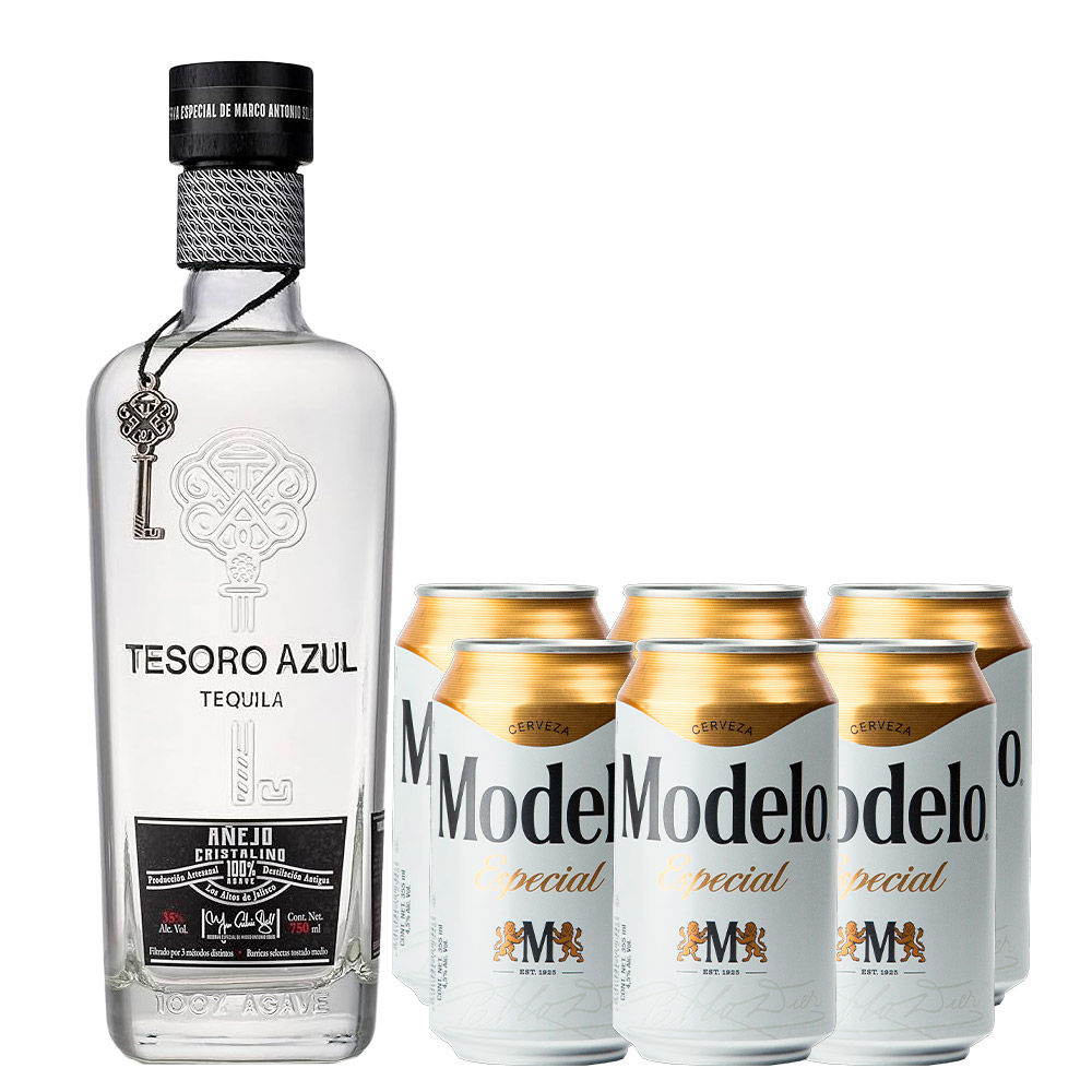Tequila Tesoro Azul Añejo Cristalino 750ml Con 6 Modelo Especial Lata 355ml