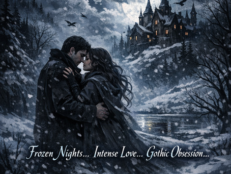 A couple embraces in a snowy, gothic landscape beneath a full moon, with a dark castle in the background and swirling snow capturing the intensity, isolation, and passion of dark romance in winter.