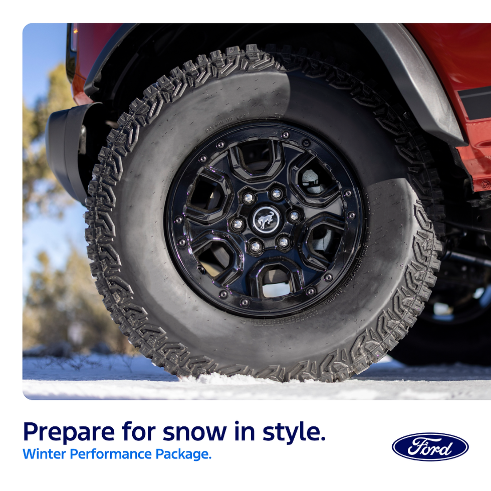 Close-up of a rugged black tire on a red vehicle in snowy terrain. Text: "Prepare for snow in style. Winter Performance Package." Ford logo.