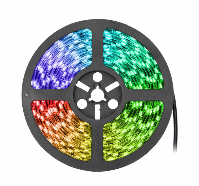 Coiled LED strip light in a circular spool showing sections of blue, green, red, and orange lights.
