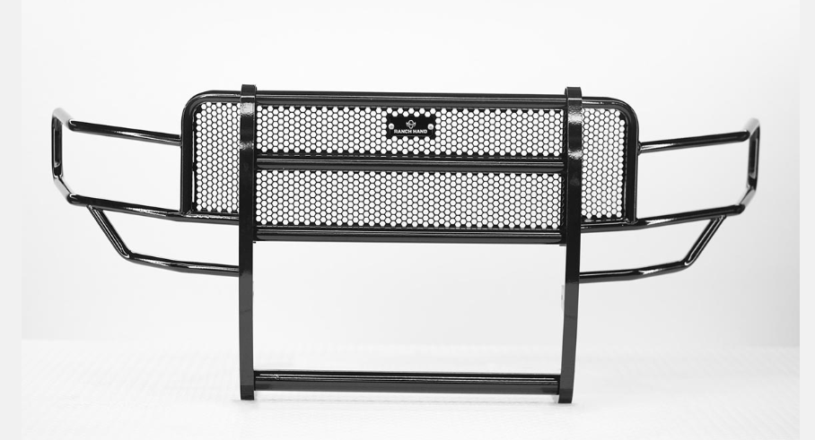 Black metal grille guard with a honeycomb pattern and "Ranch Hand" logo, set against a white background.