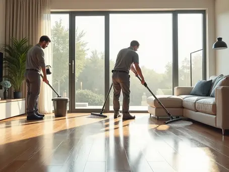 Trabalhadores fazendo limpeza pós-obra em ambiente residencial moderno com equipamentos e materiais de limpeza