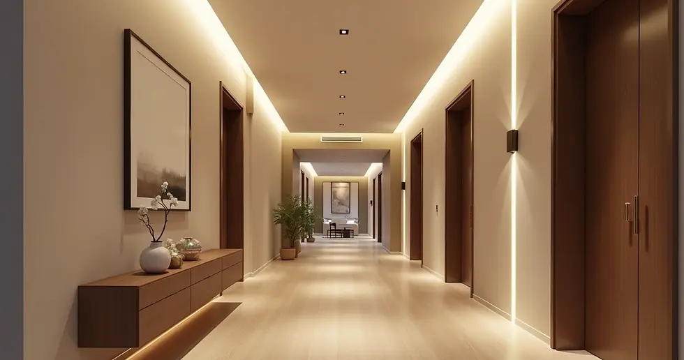 Corredor residencial contemporâneo com iluminação indireta em rasgos no forro e arandelas na parede