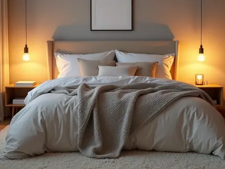 Quarto aconchegante com cama arrumada, iluminação suave, tapete felpudo e cortinas claras