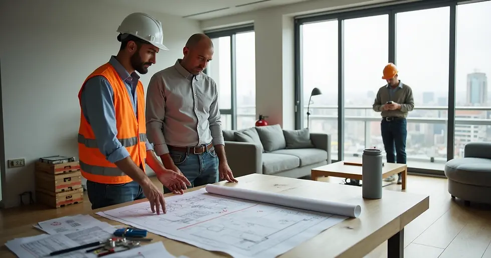 Engenheiro apresentando plano de reforma segura em sala de apartamento moderno