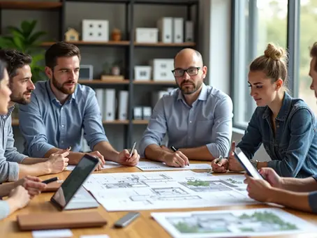 Reunião profissional com equipe de arquitetos e engenheiros analisando plantas e documentos em mesa de oficina 