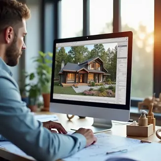 Imagem realista de um arquiteto analisando modelo BIM em computador com planta digital de reforma ao fundo