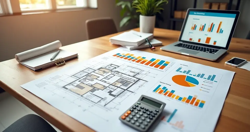 Mesa com plantas baixas, uma calculadora, anotações e um tablet mostrando gráficos de orçamento de reforma