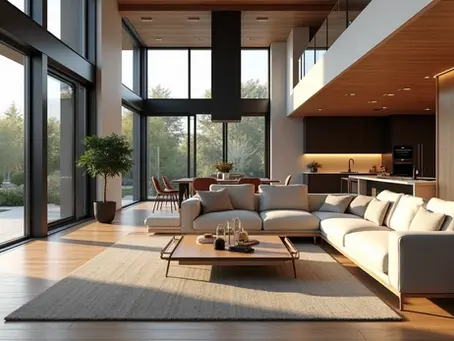 Sala moderna e elegante com móveis sofisticados e iluminação natural ampla, projeto arquitetônico personalizado para residência de alto padrão