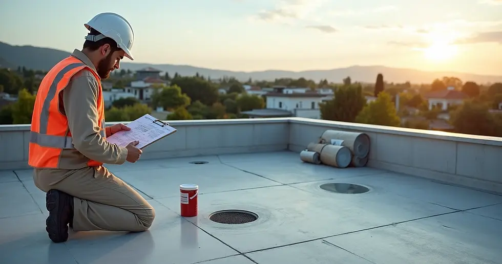 Engenheiro inspecionando impermeabilização em laje de cobertura moderna