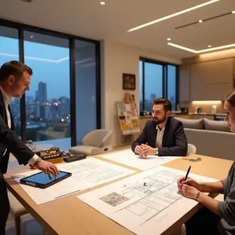 Engenheira apresentando projeto de reforma de apartamento de luxo a casal em sala sofisticada