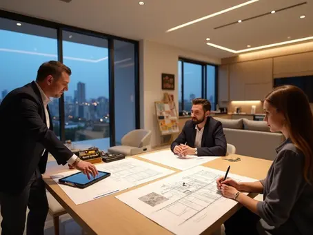 Engenheira apresentando projeto de reforma de apartamento de luxo a casal em sala sofisticada