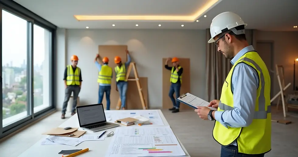 Engenheiro com capacete acompanhando equipe de obra em reforma residencial de alto padrão