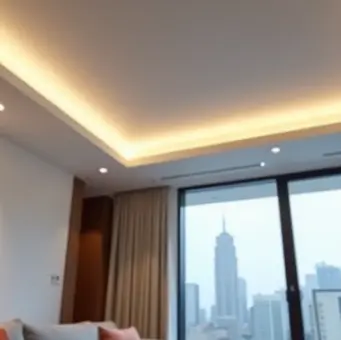 Detalhe de rebaixo de gesso com iluminação embutida em sala de estar moderna
