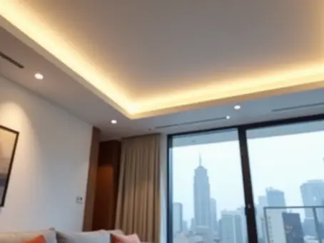 Detalhe de rebaixo de gesso com iluminação embutida em sala de estar moderna