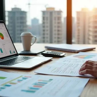 Investidor analisando orçamento de obra em laptop e planilhas impressas lado a lado em mesa de escritório