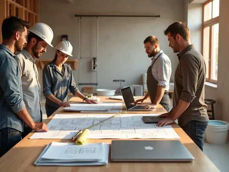 Equipe de profissionais trabalhando em obra residencial com plantas e ferramentas em ambiente moderno e organizado