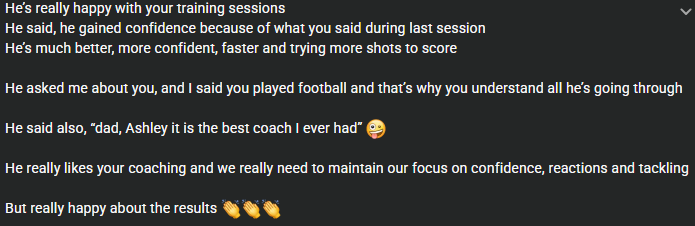 1-1 football coaching in Poole, a testimonial from a client