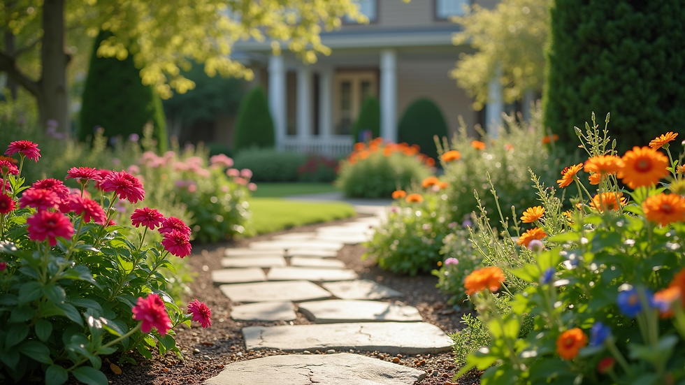 Wide angle view of a landscaped garden with stone pathway and colorful flowers