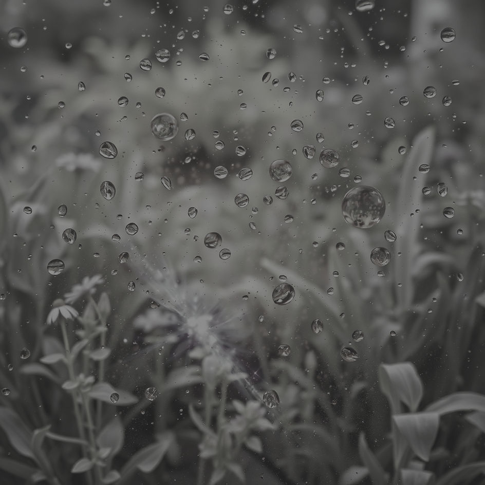 modern herb garden  over laid with galaxy splatter, blurred image thru glass with rain_edi