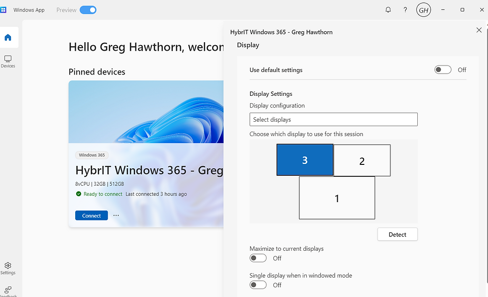 Configuring multiple monitors in Windows 365.