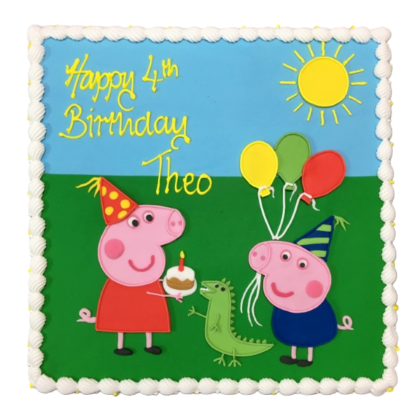 Square cake featuring a Peppa Pig birthday party scene with colourful decorations and characters, perfect for a children's celebration in UK.