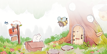 A simplified but cuter drawing of the bee greeting the puppy in a box.