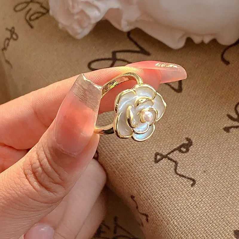 Pearl Bloom Adjustable Ring with white floral design